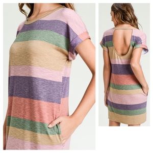 Dresses - Multi Color Striped Short Sleeve Dress with Pocket Dresses - Multi Color Striped Short Sleeve Dress with Pocket